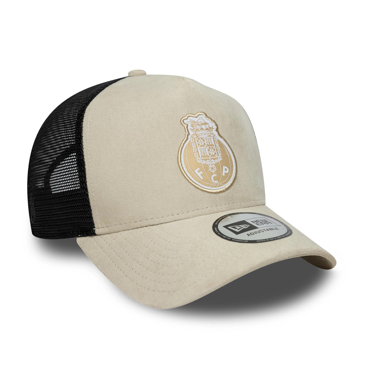 FC Porto Faux Suede Cream New Era 9FORTY A-Frame Trucker Adjustable Cap, three-quarter view showing the embroidered FC Porto crest on the cream front panel, curved cream visor with New Era 9FORTY size sticker, and contrasting black mesh side panels.