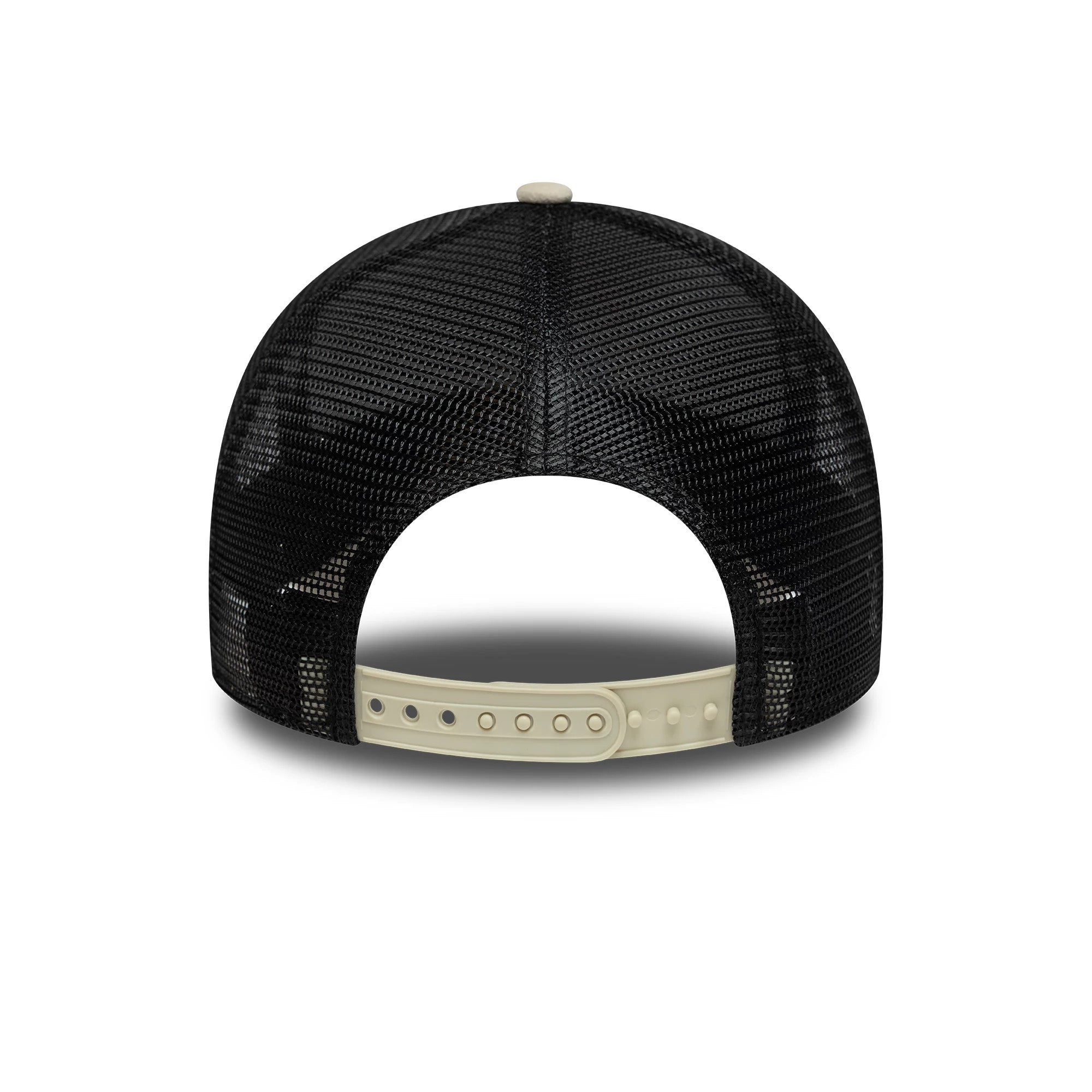 FC Porto Faux Suede Cream New Era 9FORTY A-Frame Trucker Adjustable Cap, rear view showing a cream snapback closure, black mesh back panels, and a cream top button on the structured silhouette.