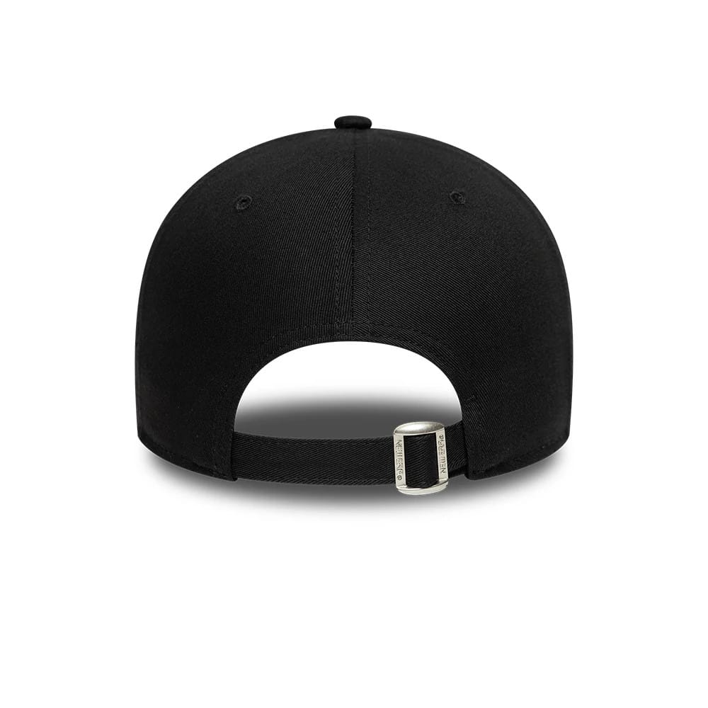 TGR Haas F1 Team Cotton Black New Era 9FORTY Adjustable Cap, rear view showing the absence of a back logo, structured black crown, and an adjustable strap with a buckle for a custom fit.