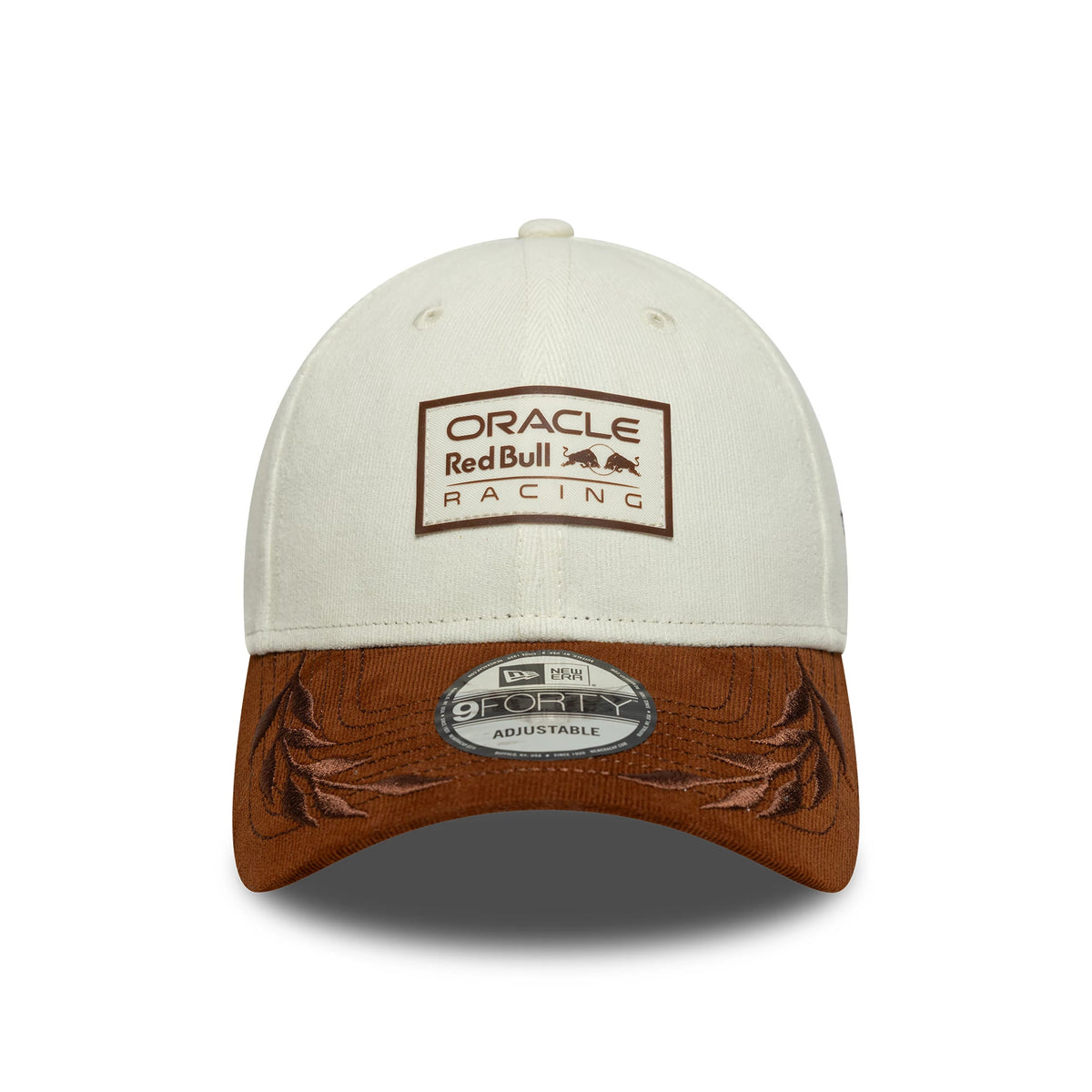 Red Bull Racing Cord Contrast White & Brown New Era 9FORTY Adjustable Cap, front view showing a brown Oracle Red Bull Racing logo in raised embroidery on the white front panel, a brown visor with detailed embroidery, and a 9FORTY size sticker.