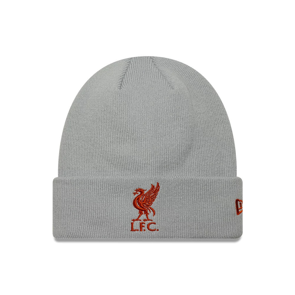 New Era Liverpool FC Grey Cuff Knit Beanie Hat, front view showing the red embroidered Liverbird logo with L.F.C. lettering centred on the cuff, finely knitted grey fabric throughout, and the New Era flag logo in red on the left side.