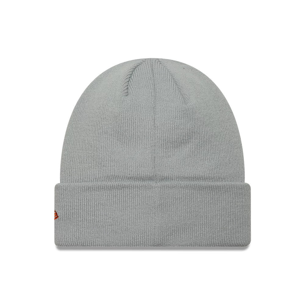 New Era Liverpool FC Grey Cuff Knit Beanie Hat, front view showing a simple, structured grey knit with a folded cuff, ribbed texture at the top, and a small red New Era flag logo embroidered on the edge of the cuff.