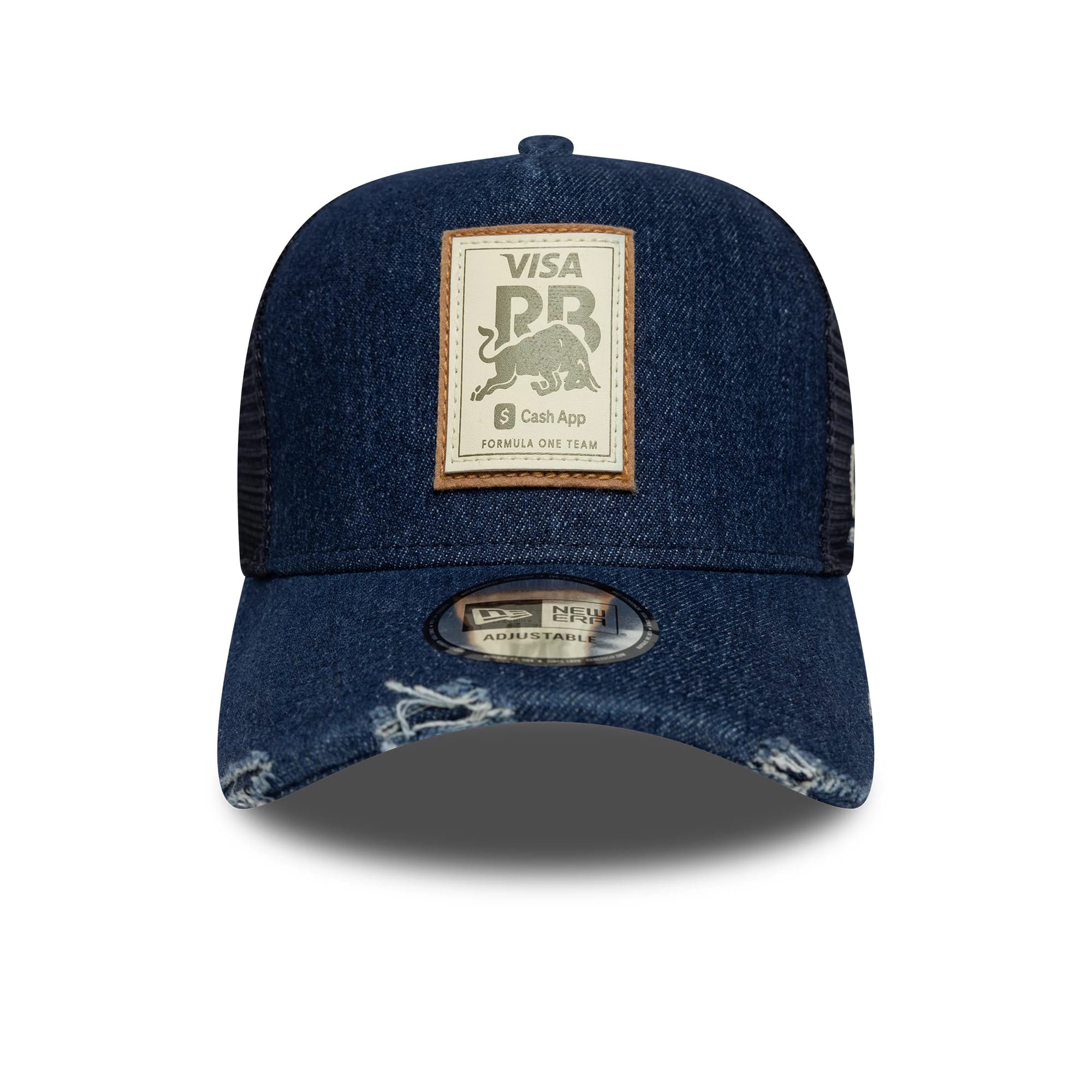 Pictured is this Visa Cash App Racing Bulls Denim 9FORTY E-Frame Trucker cap in black. 2