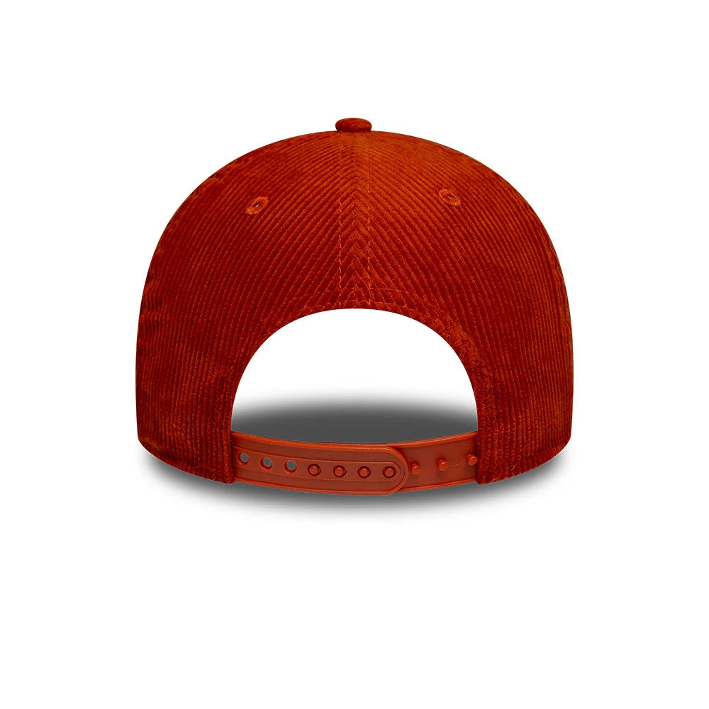 TGR Haas F1 Team Cord Red New Era 9FORTY M-Crown Adjustable Cap, rear view showing the red corduroy texture with eyelets on the crown, featuring an adjustable red snapback closure at the bottom edge.