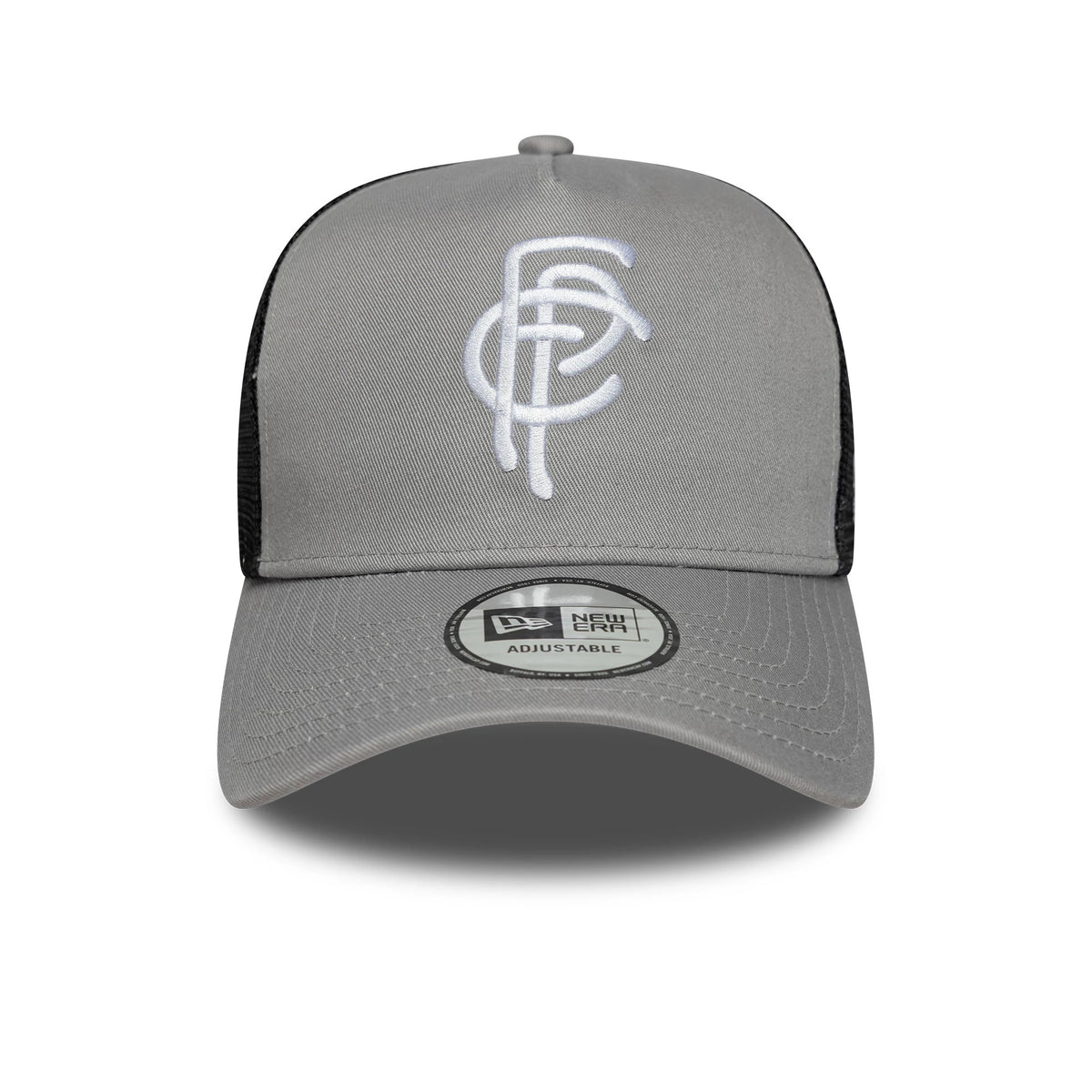 FC Porto Grey New Era 9FORTY A-Frame Trucker Adjustable Cap, front view showing a white embroidered FC logo on the grey structured crown, black mesh side panels, and a curved grey visor with a 9FORTY size sticker prominently displayed.