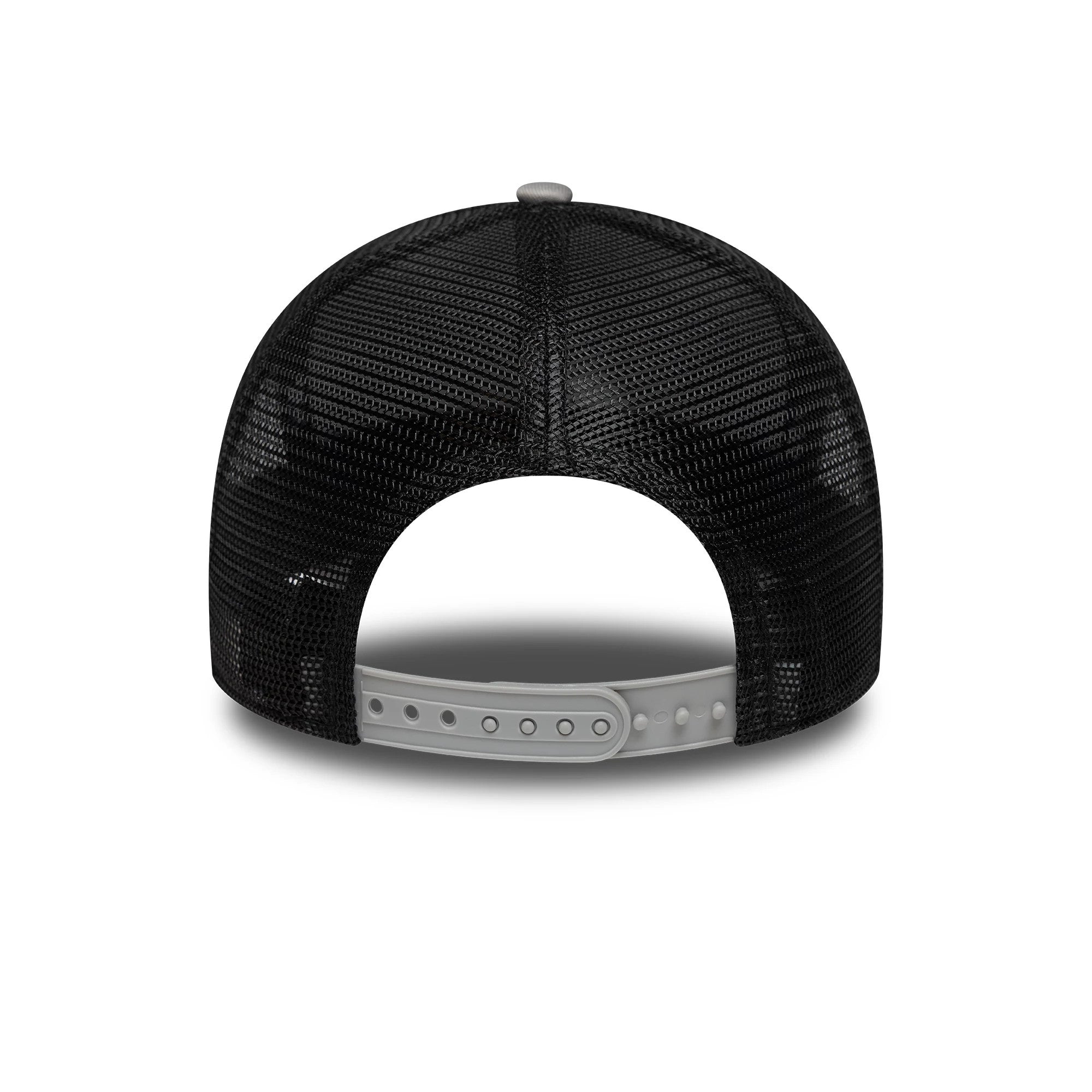 FC Porto Grey New Era 9FORTY A-Frame Trucker Adjustable Cap, rear view showing the black mesh back panels and grey adjustable snap closure, with a top button accentuating the cap's structured shape.
