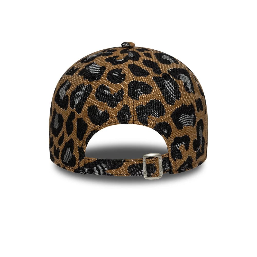 Womens Visa Cash App Racing Bulls Leopard Open Brown New Era 9FORTY Adjustable Cap, rear view showing the leopard print pattern on the structured crown, an opening at the back with an adjustable strap and buckle.