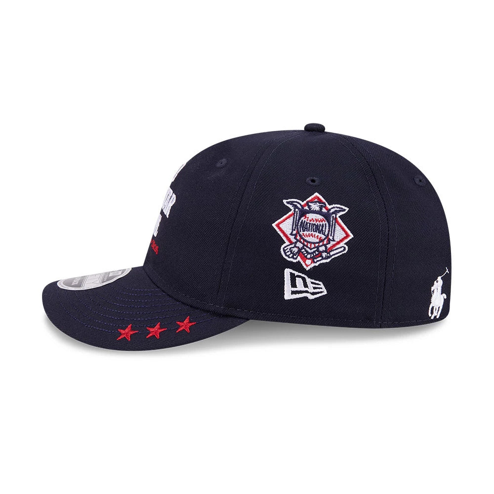 MLB X Ralph Lauren All Star Game Navy Retro Crown New Era 9FIFTY Adjustable Cap, side view showing the embroidered National League emblem on the crown, New Era flag logo, and Polo Ralph Lauren logo, with red stars on the visor.
