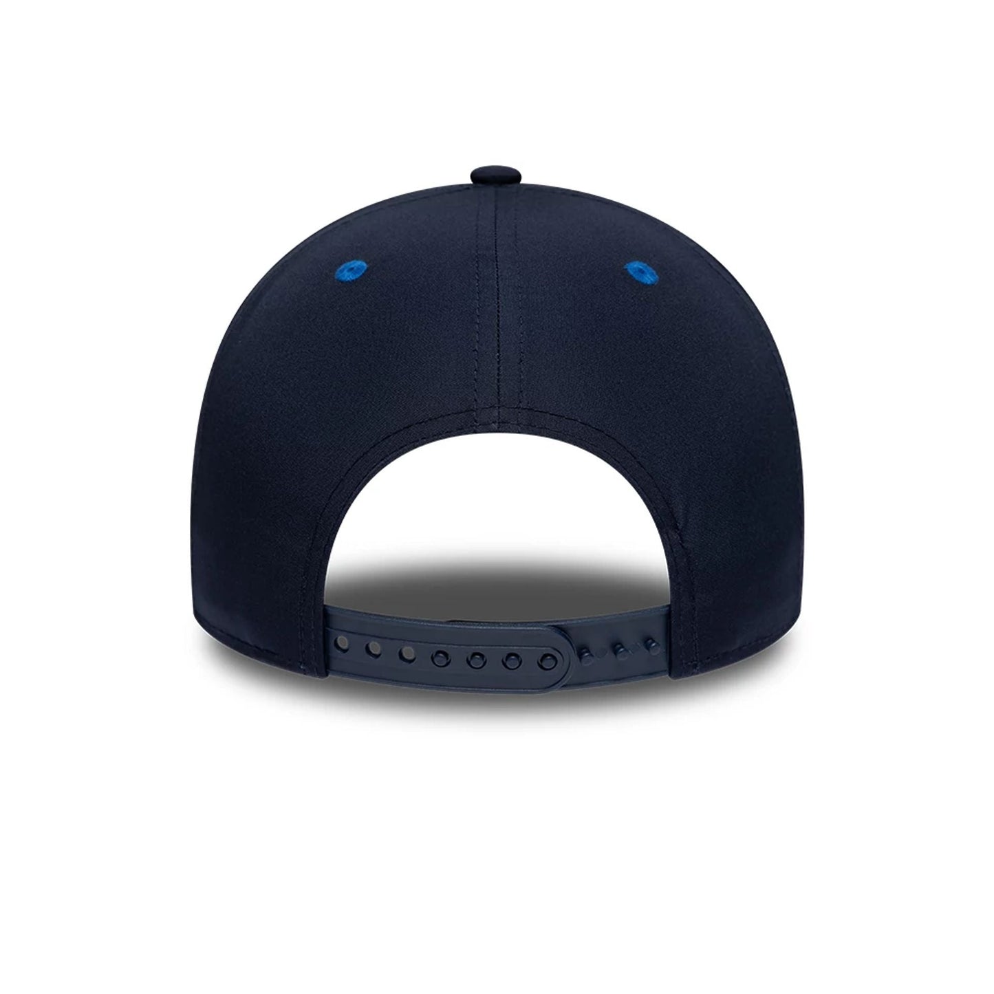 Williams Alex Albon Navy New Era 9FORTY M-Crown Adjustable Cap, rear view showing a navy curved visor, blue embroidered eyelets on the structured crown, and an adjustable strap featuring multiple small holes for a custom fit.
