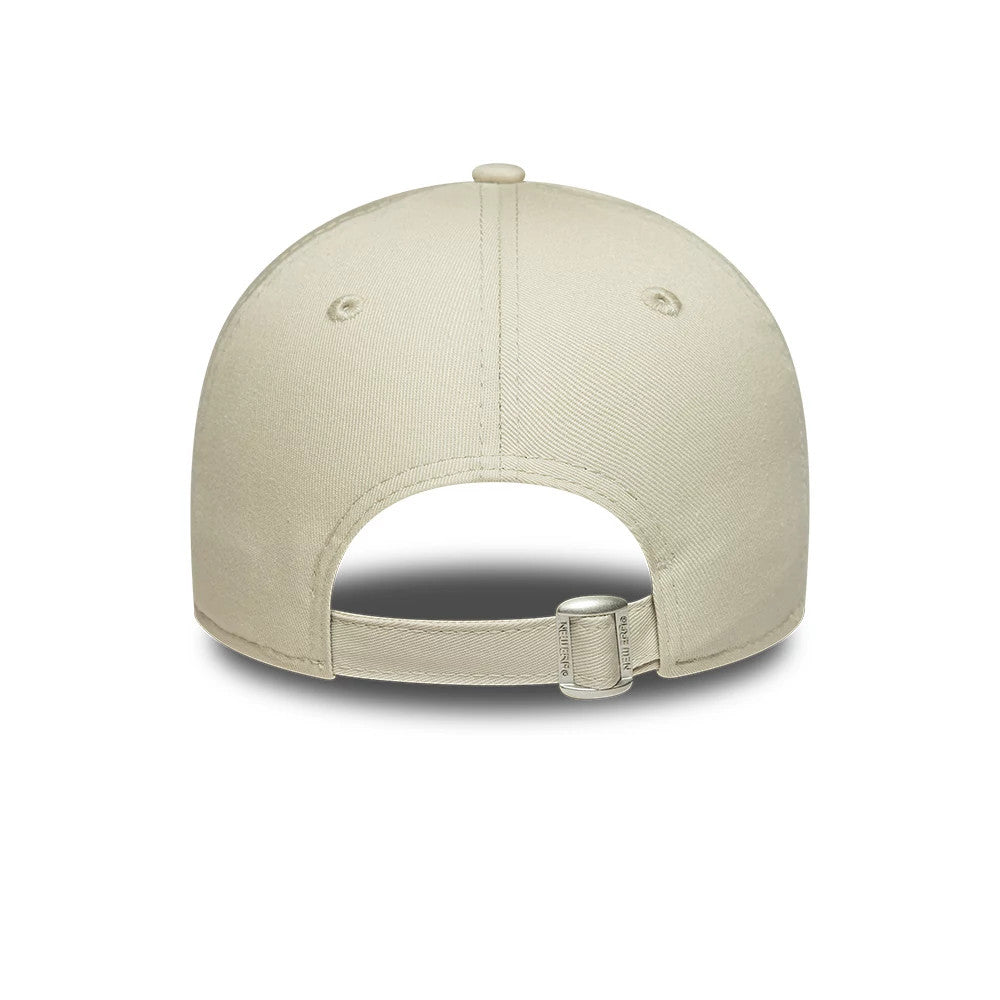 New York Yankees Womens MLB League Essential Cream New Era 9FORTY Adjustable Cap, rear view showing the cream-coloured adjustable strap with a buckle, a cream top button, and matching embroidered eyelets on the structured crown.