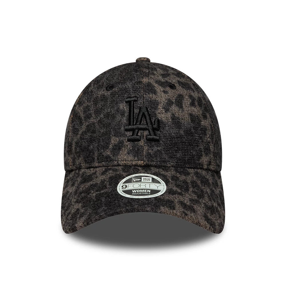 LA Dodgers Womens MLB Cosy Leopard Black New Era 9FORTY Adjustable Cap, front view showing the black embroidered LA logo on a leopard pattern crown, with a matching curved visor and a 9FORTY size sticker on the visor.
