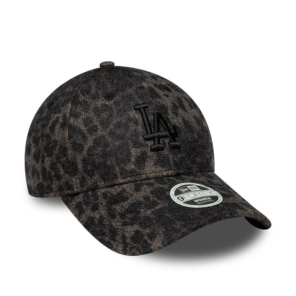 LA Dodgers Womens MLB Cosy Leopard Black New Era 9FORTY Adjustable Cap, three-quarter view showing a black embroidered LA logo on the front panel, a matching leopard print curved visor, and a 9FORTY size sticker on the visor.