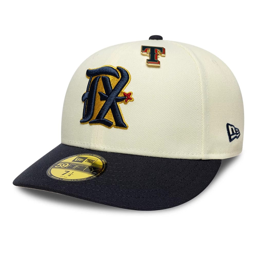 Pictured is this MLB Pin Texas Rangers 59FIFTY Fitted cap in cream & navy. 1
