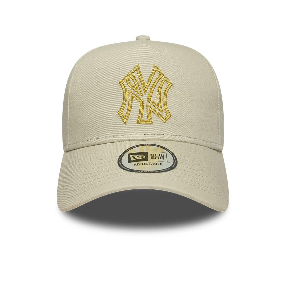 Pictured is this MLB Metallic Outline New York Yankees 9FORTY A-Frame cap in cream. 2