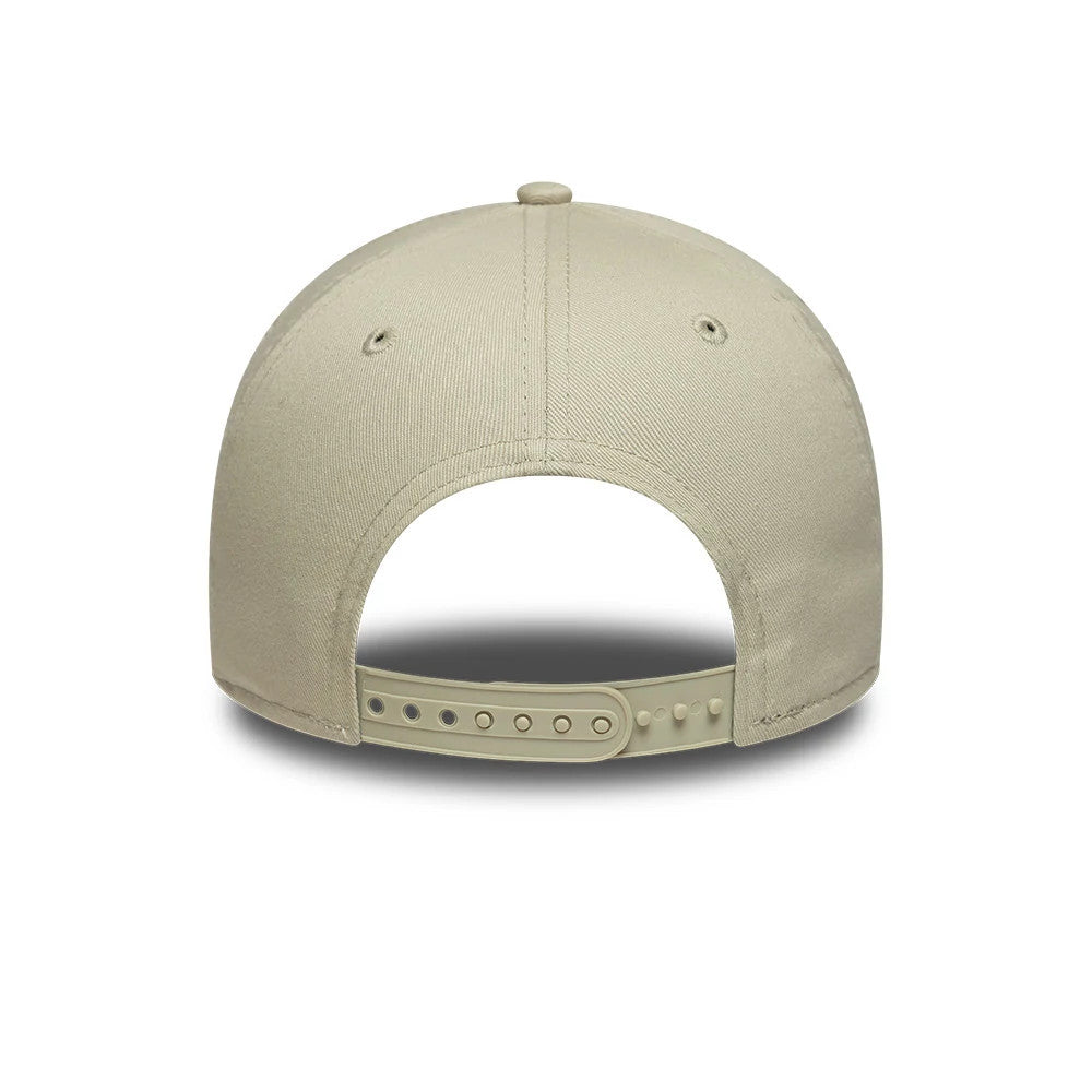 New York Yankees MLB Metallic Outline Cream New Era 9FORTY A-Frame Adjustable Cap, rear view showing the structured cream crown with an adjustable snap closure, embroidered eyelets on each panel, and a top button for a cohesive design.