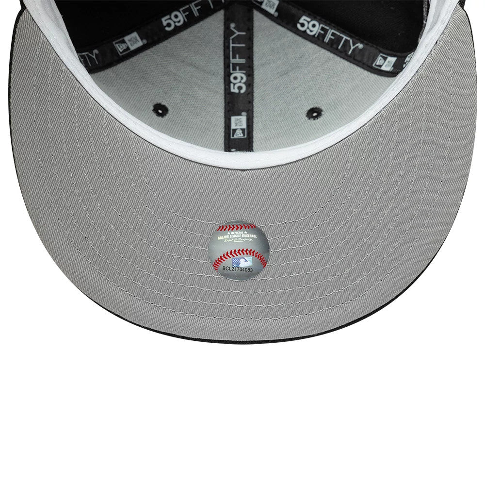 Detroit Tigers MLB Icon Black New Era 59FIFTY Fitted Cap, inside view showing the grey undervisor with a baseball-themed sticker, black sweatband with New Era branding, and black highlighting around the inner panels with 59FIFTY taping.