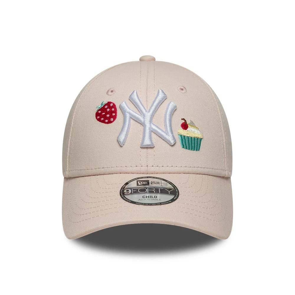 Pictured is this Child MLB Food Icon New York Yankees 9FORTY cap in pastel pink. 2