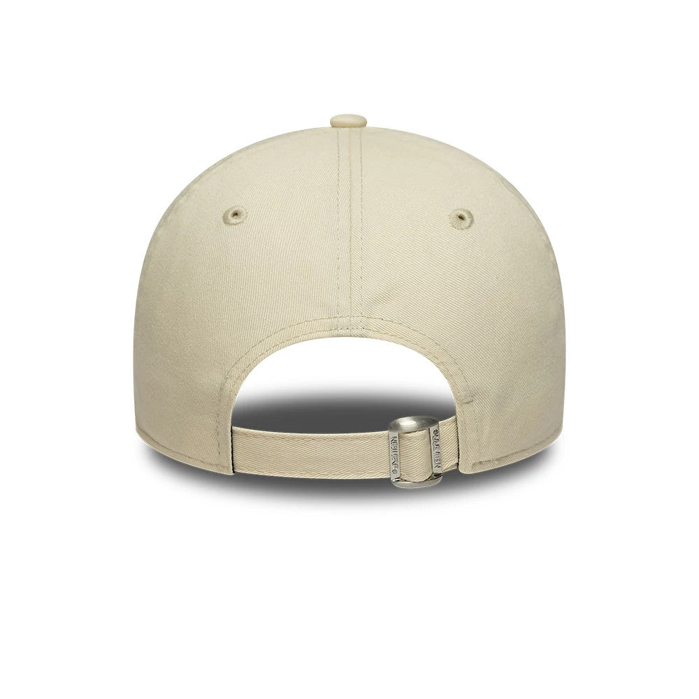 LA Dodgers MLB Mini Logo Cream New Era 9TWENTY Adjustable Cap, rear view showing the buckle on the cream strap closure, two embroidered eyelets on the back panels, and the top button, completing the relaxed fit of the unstructured crown.