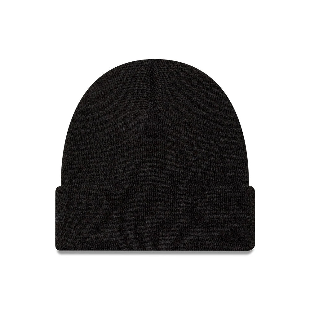 New Era New York Yankees MLB Script Black Cuff Knit Beanie Hat, front view showing a clean knit texture with a folded cuff and black New Era flag logo embroidered on the left side, creating a minimalist and appearance.