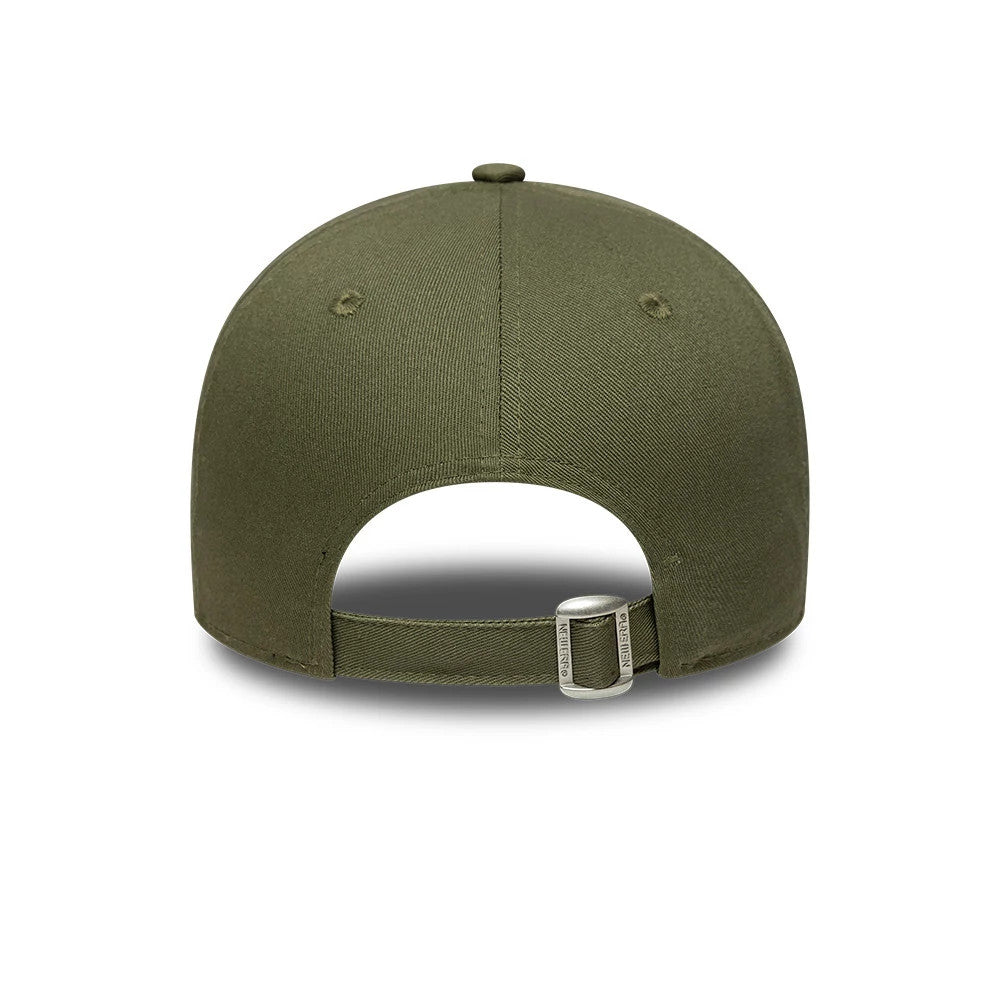 New York Yankees MLB Outline Camo Green New Era 9FORTY Adjustable Cap, rear view showing an olive green structured crown with matching fabric strap and buckle closure, featuring stitched eyelets and a top button.