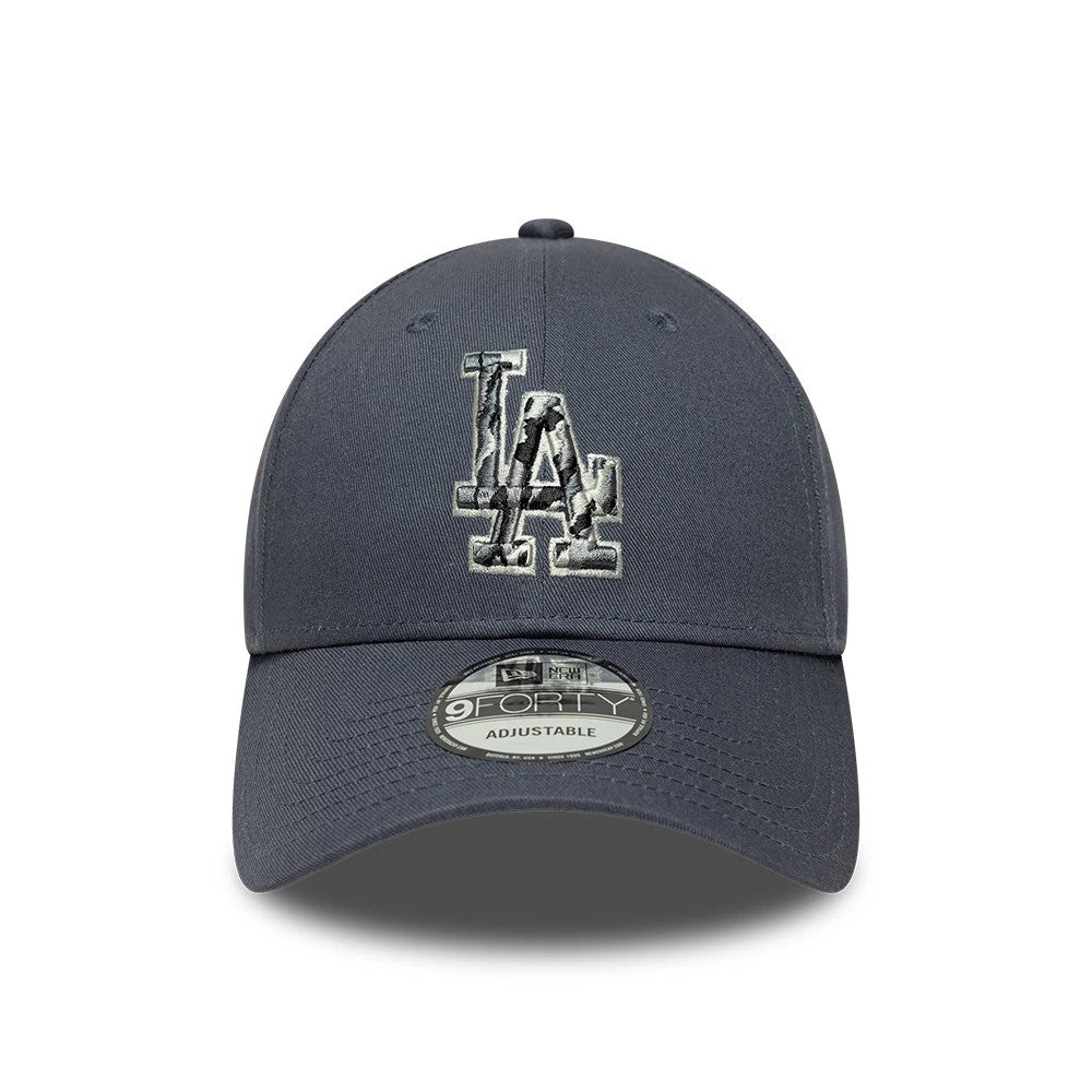 LA Dodgers MLB Outline Camo Grey New Era 9FORTY Adjustable Cap, front view showing the raised LA logo in a distinctive outline camo pattern on the structured grey crown, with a curved visor and 9FORTY size sticker on the visor.