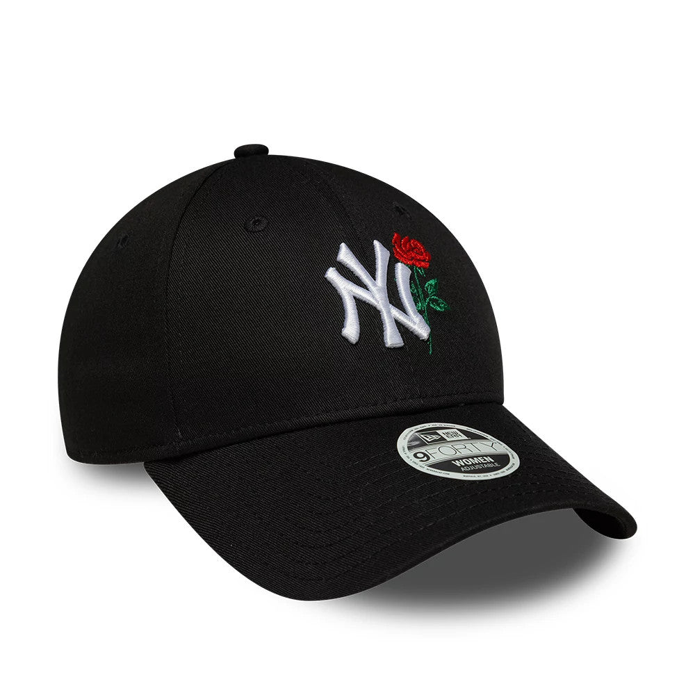 New York Yankees Womens MLB Flower Icon Black New Era 9FORTY Adjustable Cap, three-quarter view showing the white embroidered NY logo and a red rose on the front panel, with a curved black visor and a 9FORTY size sticker on top.