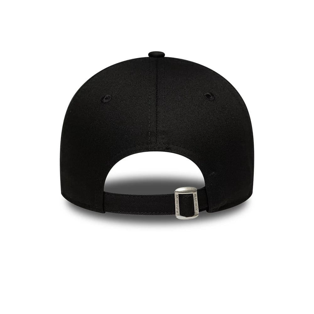 New York Yankees Womens MLB Flower Icon Black New Era 9FORTY Adjustable Cap, rear view showing an opening at the back with a black strap and buckle, black stitching on the crown, and a small top button.