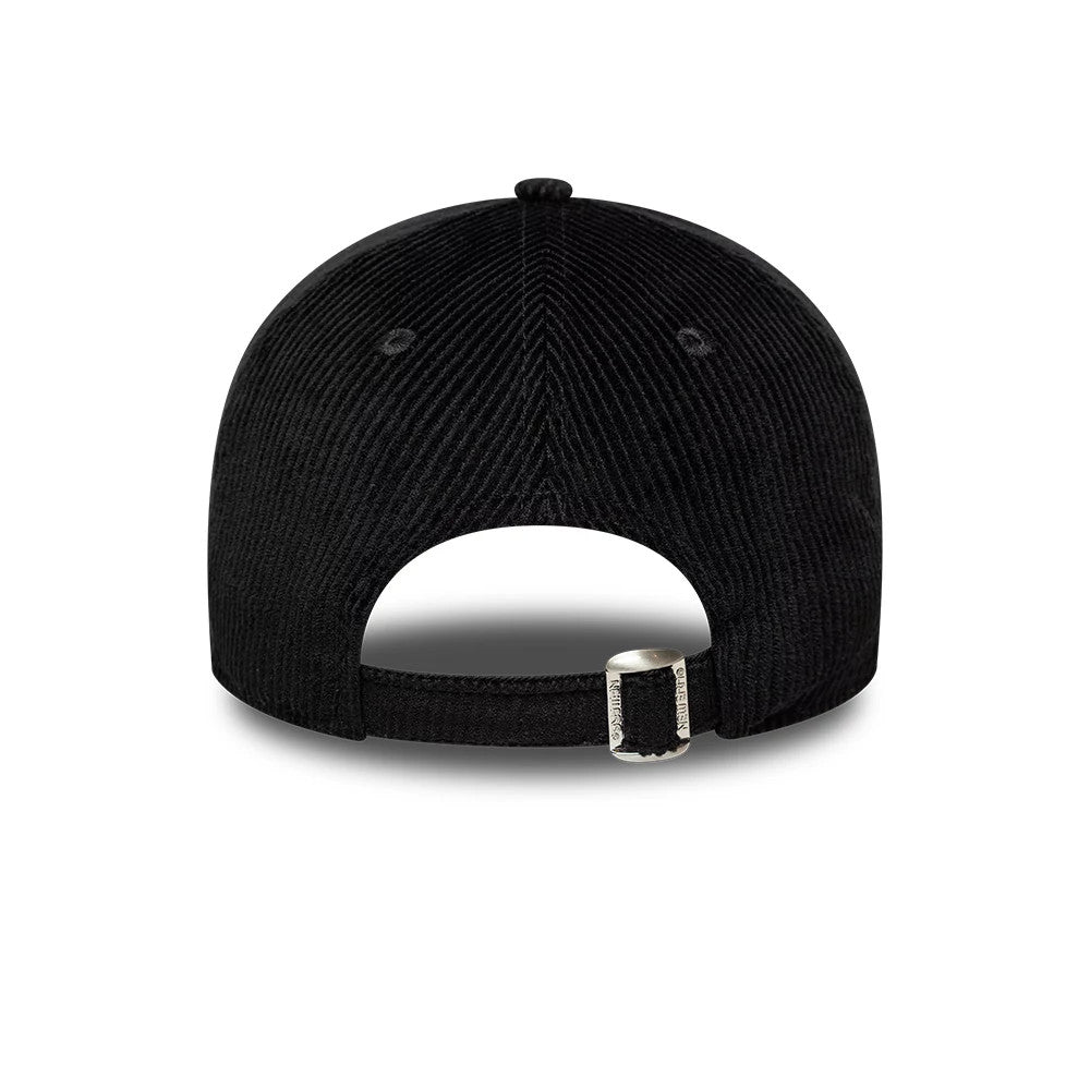 New York Yankees MLB Cord Black New Era 9TWENTY Adjustable Cap, rear view showing the curved opening at the back with an adjustable strap featuring a buckle, and the textured black corduroy fabric on the unstructured crown.