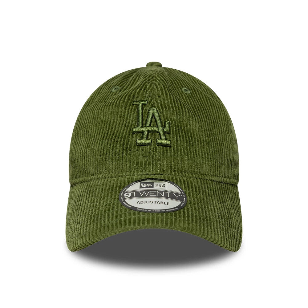 LA Dodgers MLB Cord Green New Era 9TWENTY Adjustable Cap, front view showing the raised embroidered LA logo in green on the unstructured corduroy crown, with matching cord visor and black 9TWENTY size sticker on the visor.