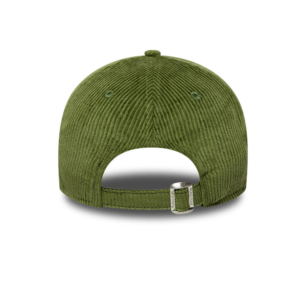 LA Dodgers MLB Cord Green New Era 9TWENTY Adjustable Cap, rear view showing the unstructured green corduroy crown, featuring an adjustable strap with a buckle, and embroidered eyelets enhancing the classic design.