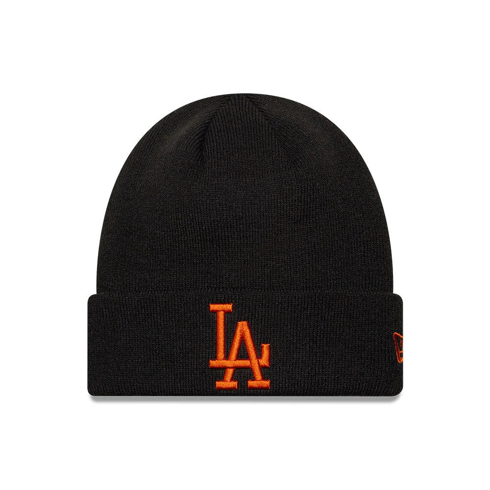 New Era LA Dodgers MLB League Essential Black Cuff Knit Beanie Hat, front view showing the orange embroidered LA logo on the cuff, the black knit texture, and the orange New Era flag logo on the left side of the cuff.