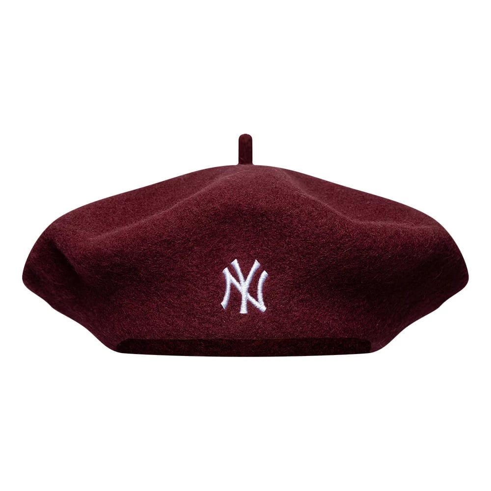 New Era New York Yankees MLB Wool Script Dark Red Beret, front view showing the white embroidered NY logo centred on the dark red wool material, with a small woolen stalk at the top and a soft, rounded shape.
