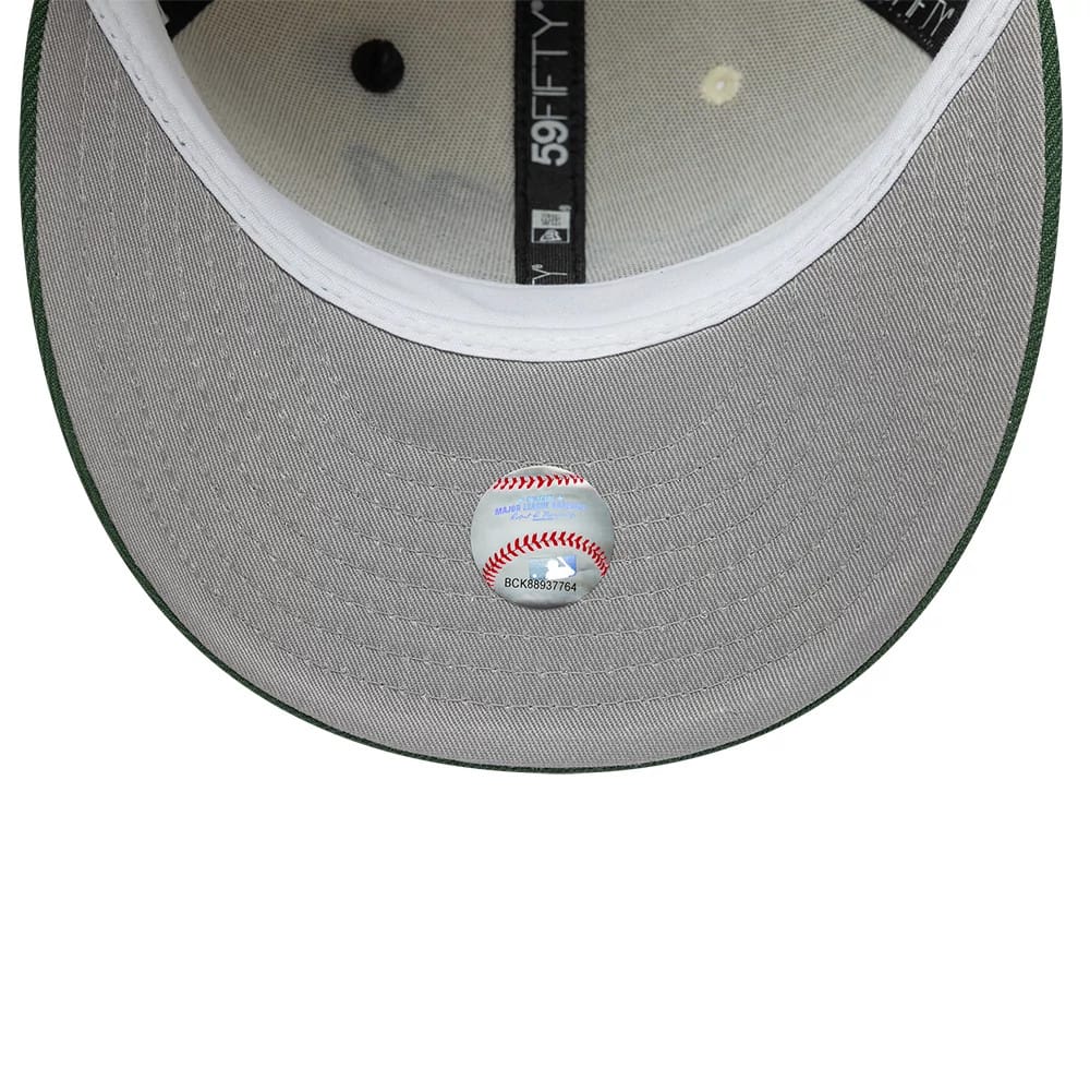 Pictured is this MLB Pin LA Angels 59FIFTY Fitted cap in cream & dark green. 2