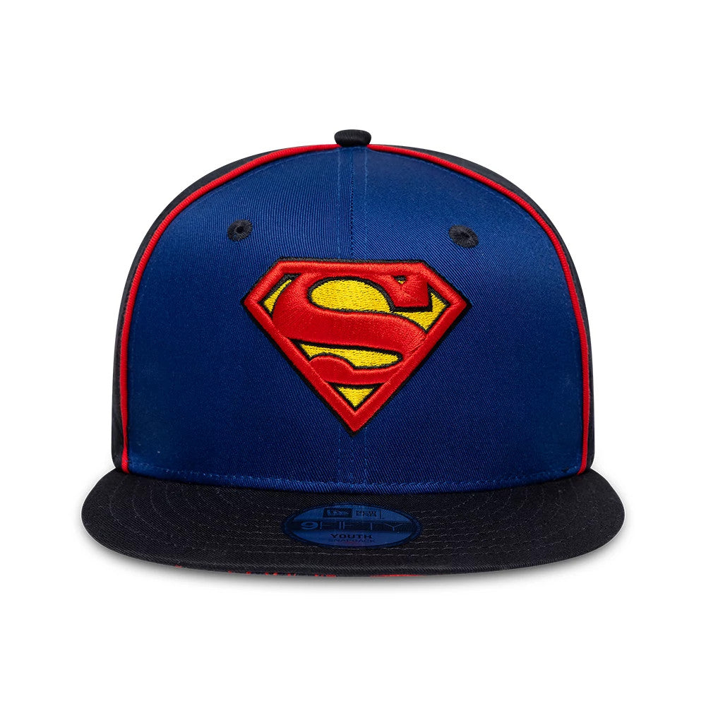 Superman Youth DC Blue & Black New Era 9FIFTY Snapback Adjustable Cap, front view showing the raised red and yellow Superman logo embroidered on the blue front panels, black flat visor, and blue 9FIFTY size sticker.