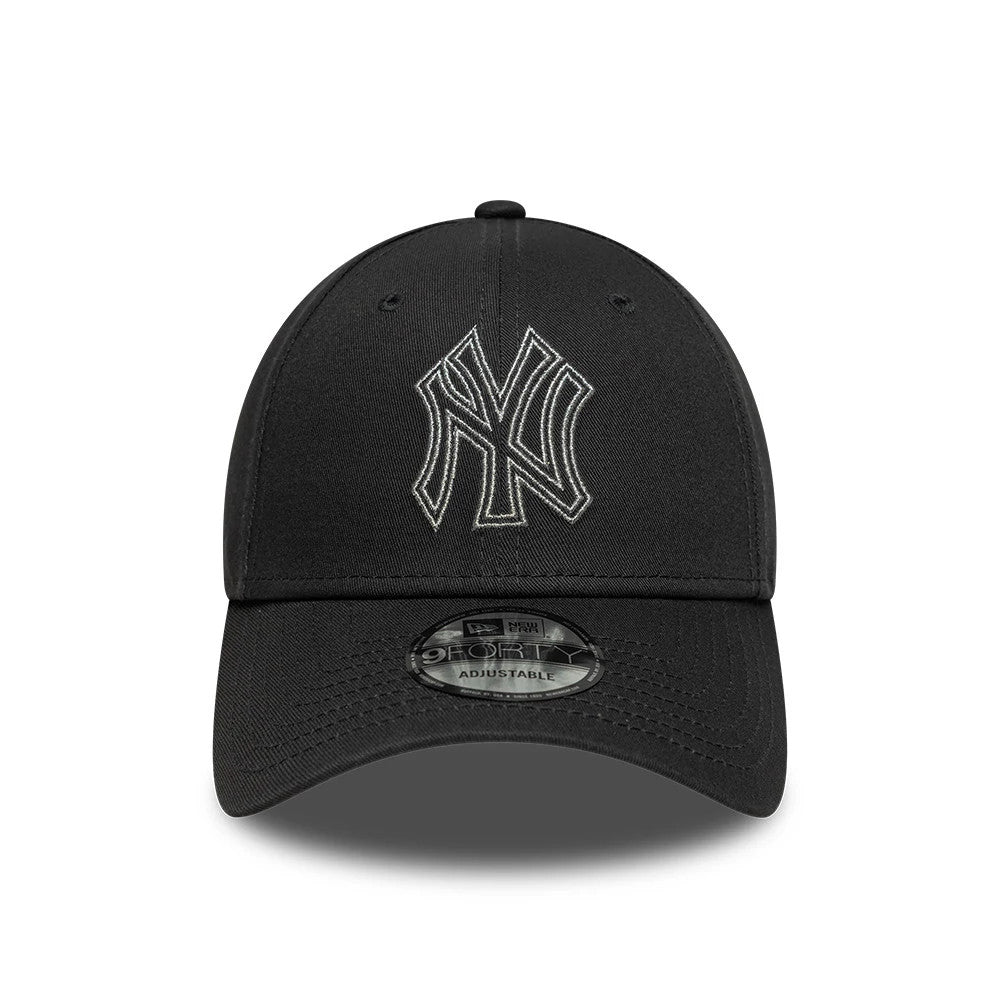 New York Yankees MLB Metallic Outline Charcoal New Era 9FORTY Adjustable Cap, front view showing the silver raised embroidery of the NY logo on the structured charcoal crown, with a curved visor and a 9FORTY size sticker on it.