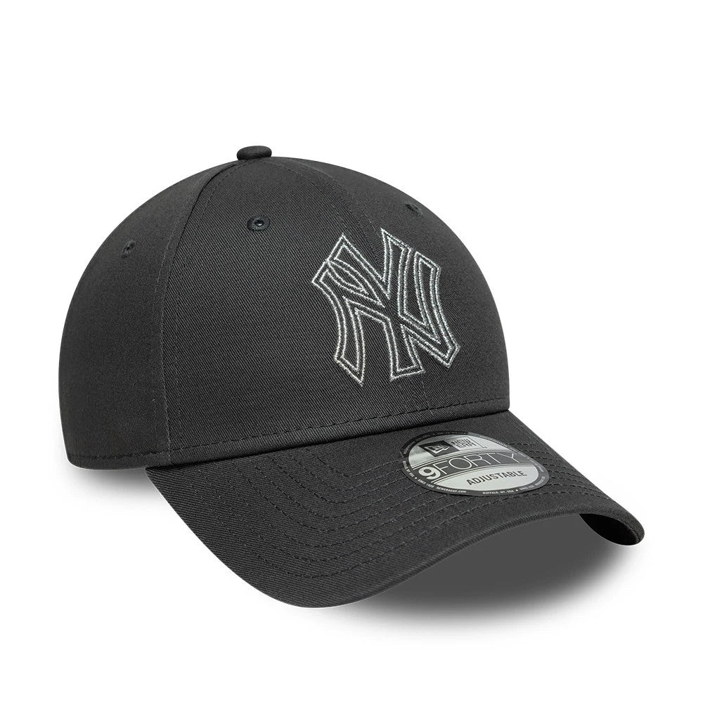 New York Yankees MLB Metallic Outline Charcoal New Era 9FORTY Adjustable Cap, three-quarter view showing the raised silver NY logo embroidered on the front panel, a curved charcoal visor with a 9FORTY size sticker, and a structured crown.