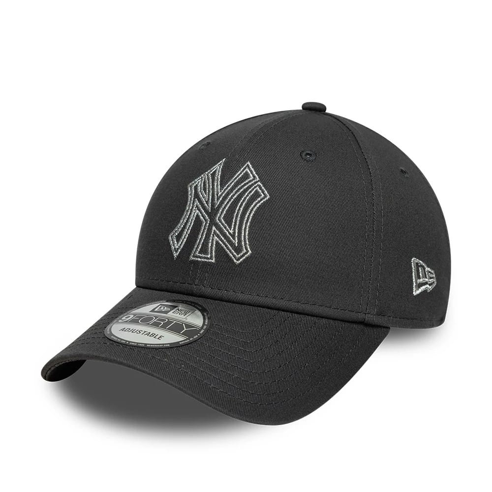 New York Yankees MLB Metallic Outline Charcoal New Era 9FORTY Adjustable Cap, three-quarter view showing the silver embroidered Yankees logo on the front panel, a curved visor with a 9FORTY size sticker, and the New Era flag logo on the left side.