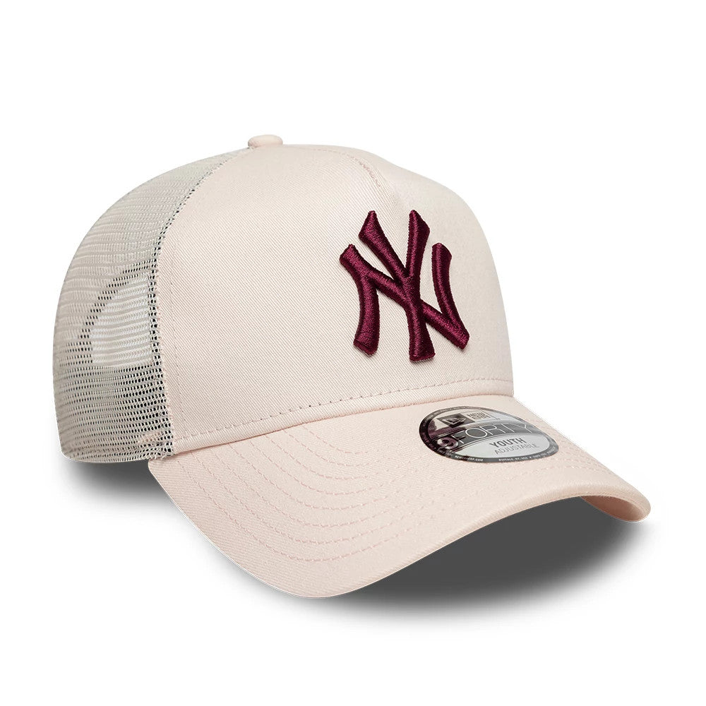 Yankees Youth MLB League Essential Pastel Pink New Era 9FORTY A-Frame Trucker Adjustable Cap, three-quarter view showing raised maroon NY embroidery on the front panel, pastel pink curved visor with a 9FORTY size sticker, and white mesh back panels.