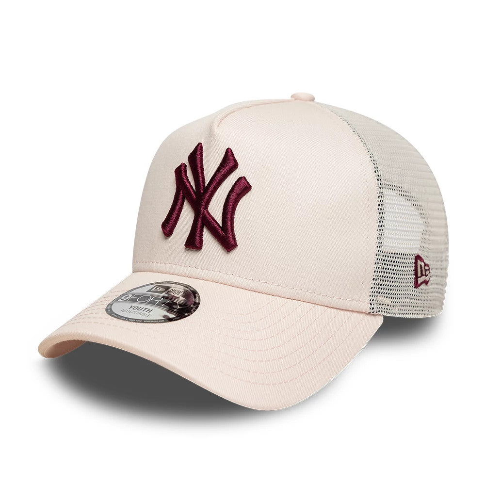 Pictured is this Youth MLB League Essential New York Yankees 9FORTY A-Frame Trucker cap in pastel pink. 1