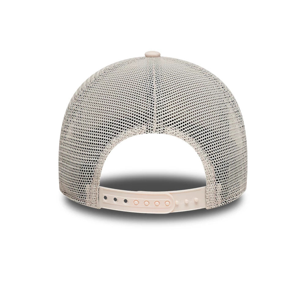 Yankees Youth MLB League Essential Pastel Pink New Era 9FORTY A-Frame Trucker Adjustable Cap, rear view showing the pastel pink plastic snap closure, mesh panel construction, and a pastel pink top button on the cap's crown.