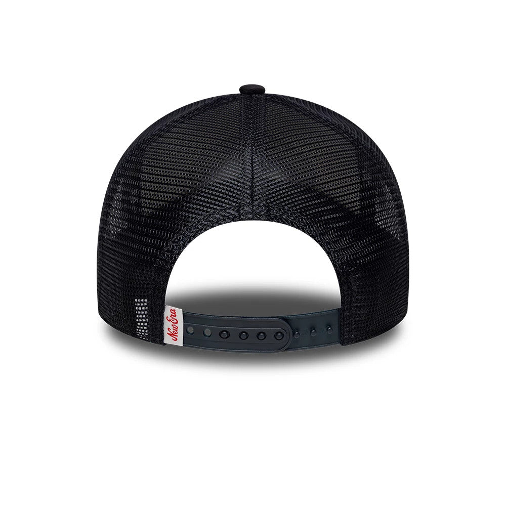 New Era Oval Patch Black 9FORTY A-Frame Trucker Adjustable Cap, rear view showing the red embroidered New Era script logo on a white label by the closure, mesh black panels, and adjustable snapback strap.