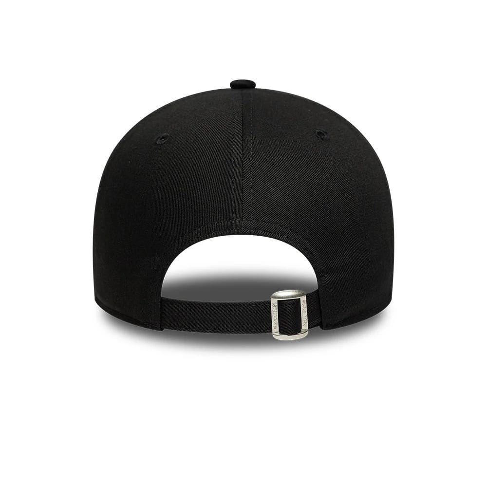 LA Dodgers MLB Metallic Outline Black New Era 9FORTY Adjustable Cap, rear view showing a black fabric strap with a silver buckle, no back logo on the solid black crown, and embroidered eyelets.
