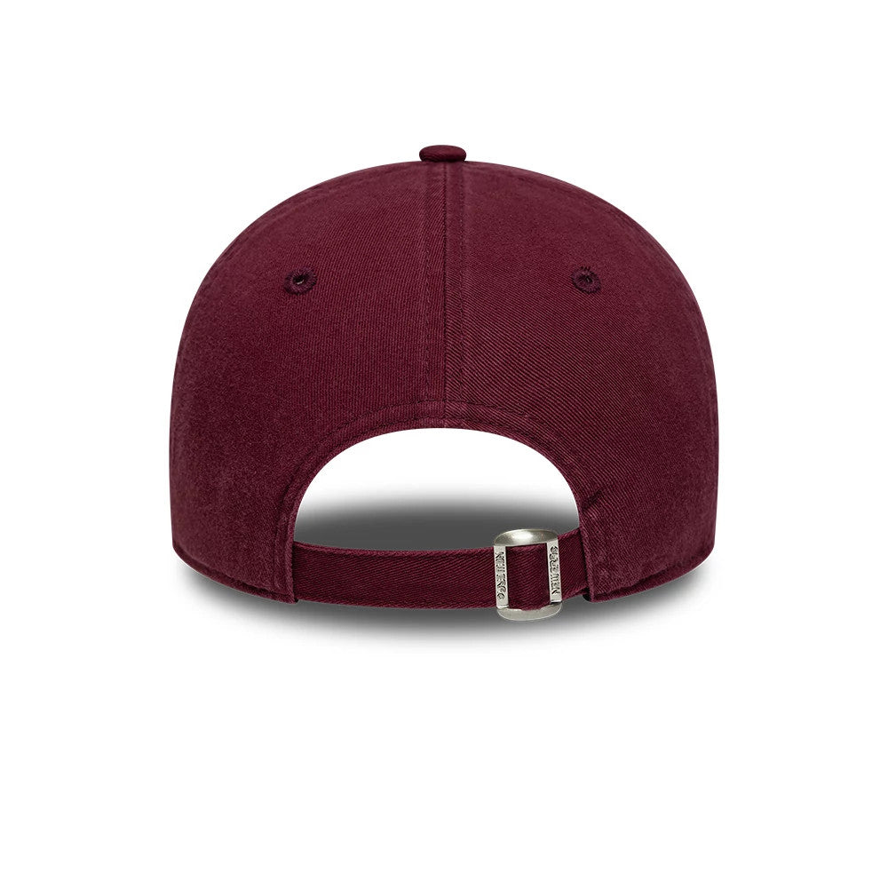 Detroit Tigers MLB Mini Logo Dark Red New Era 9TWENTY Adjustable Cap, rear view showing an unstructured dark red crown with a silver buckle on the adjustable strap closure and a top button enhancing the classic look.
