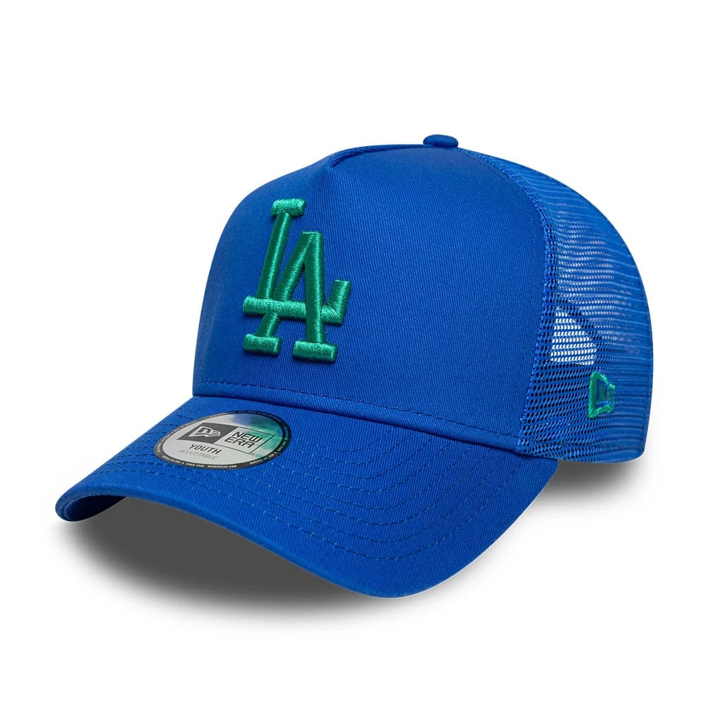 Pictured is this Youth MLB League Essential LA Dodgers 9FORTY A-Frame Trucker cap in bright blue. 1