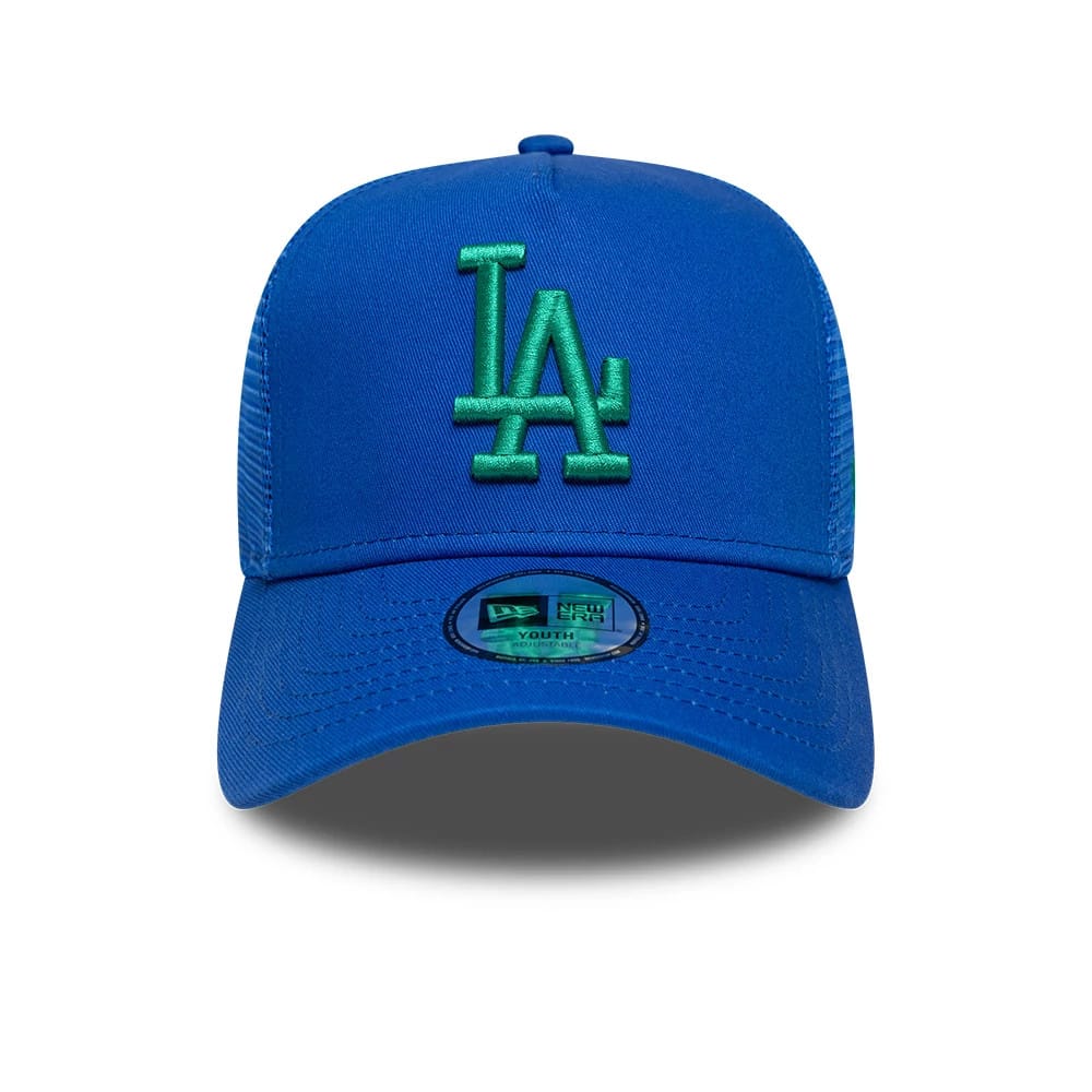 Pictured is this Youth MLB League Essential LA Dodgers 9FORTY A-Frame Trucker cap in bright blue. 2