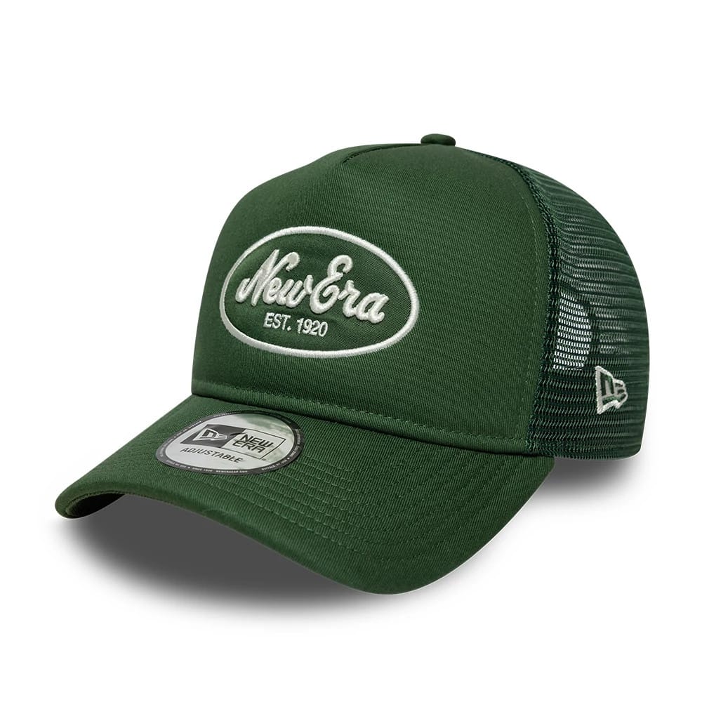 Pictured is this New Era Oval Patch 9FORTY A-Frame Trucker cap in dark green. 1