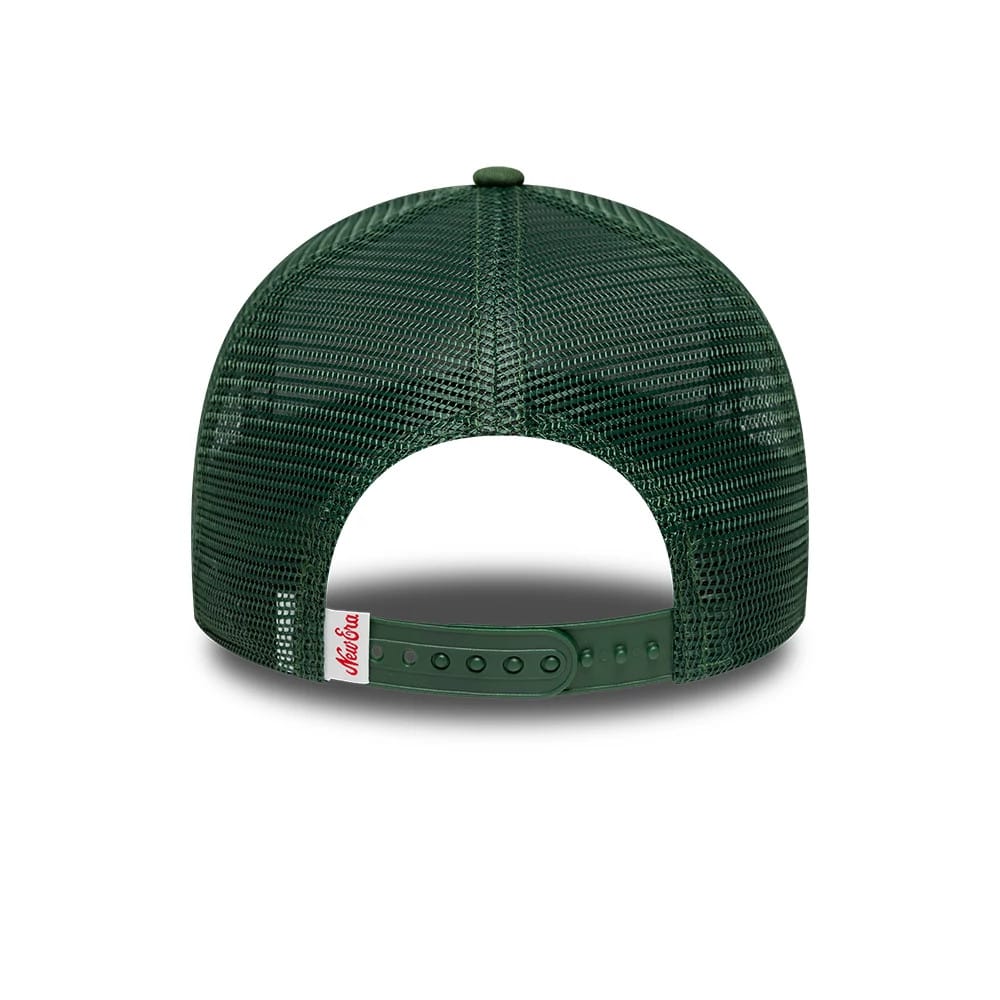 Pictured is this New Era Oval Patch 9FORTY A-Frame Trucker cap in dark green. 4