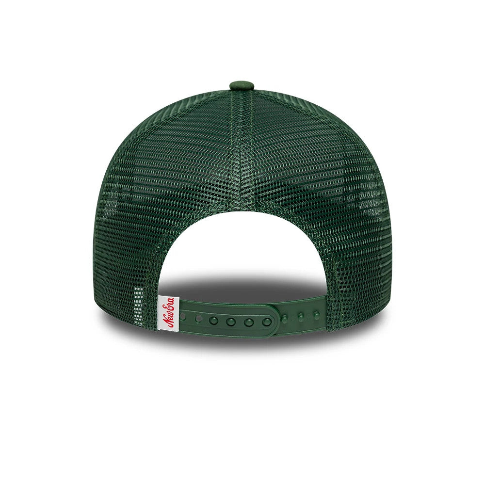 New Era Oval Patch Dark Green 9FORTY A-Frame Trucker Adjustable Cap, rear view showing the structured mesh back panels, green adjustable snap closure, and a small white tag with red New Era script at the bottom-left corner.
