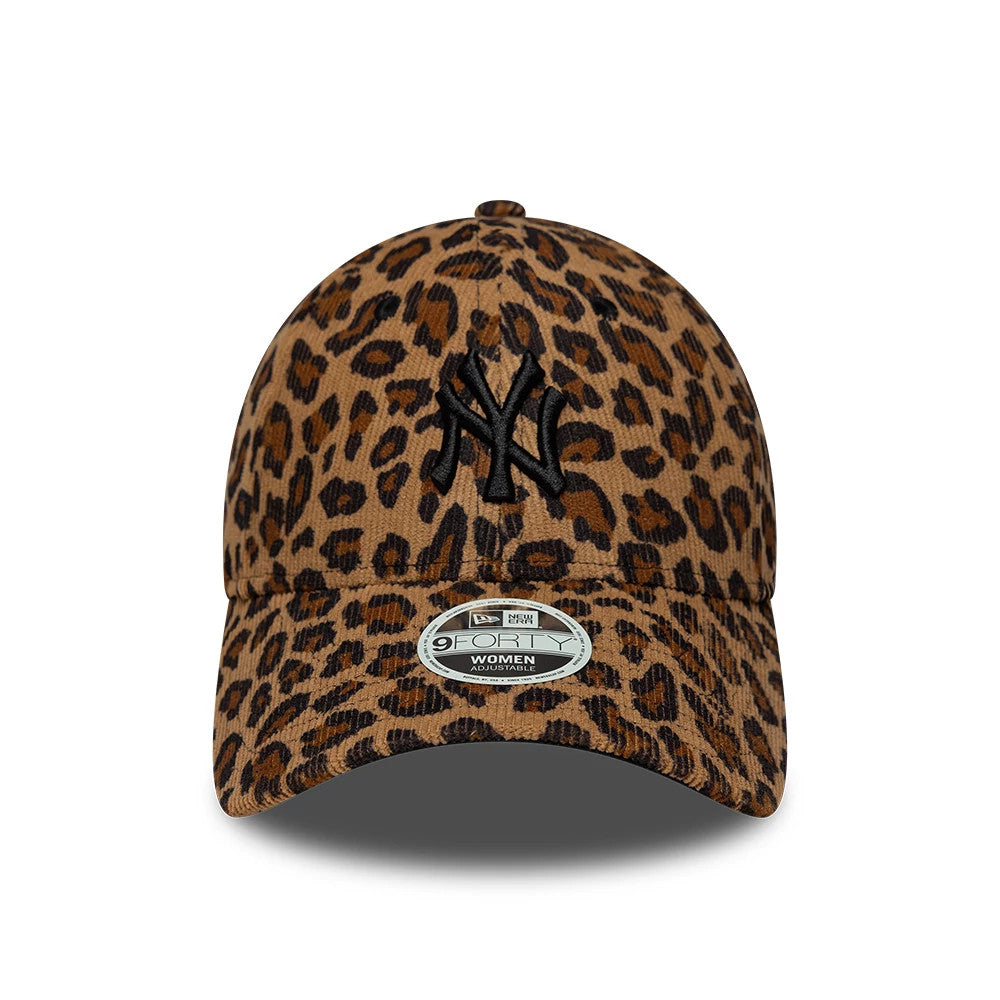 New York Yankees Womens MLB Leopard Cord Beige New Era 9FORTY Adjustable Cap, front view showing black raised embroidered NY logo over a leopard print pattern, with a 9FORTY size sticker on the matching printed curved visor.