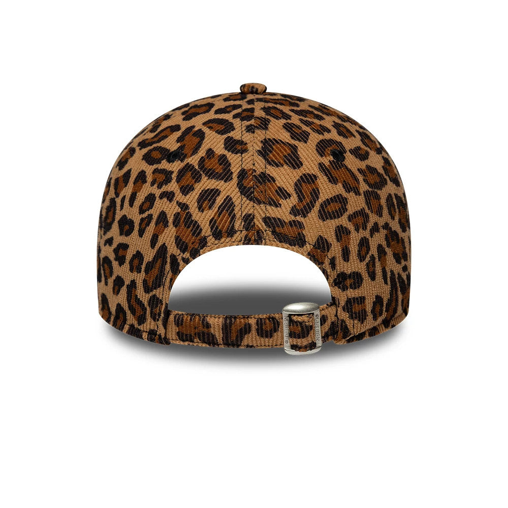New York Yankees Womens MLB Leopard Cord Beige New Era 9FORTY Adjustable Cap, rear view showing the curved opening with an adjustable strap, leopard print pattern across the beige corduroy fabric, and a fabric top button.